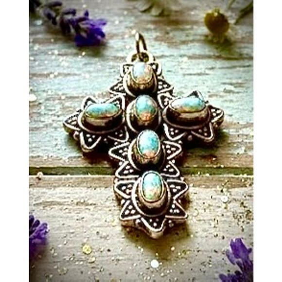 Ethiopian Opal Filigree Religious Cross Pendant & Free 16” Chain 925 - Picture 3 of 4